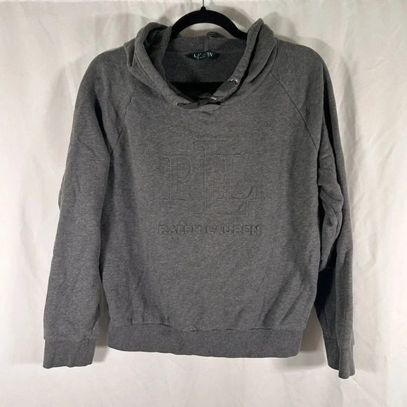 Lauren Ralph Lauren Hoodie Women's Small Grey Raised Print Drawstring Pullover - Picture 1 of 10